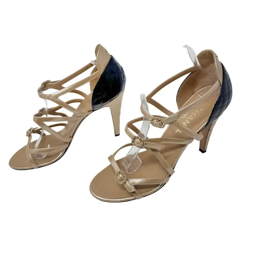 Chanel Quilted Strappy Sandal Heels Nude Black Leather CC Ankle Size 41